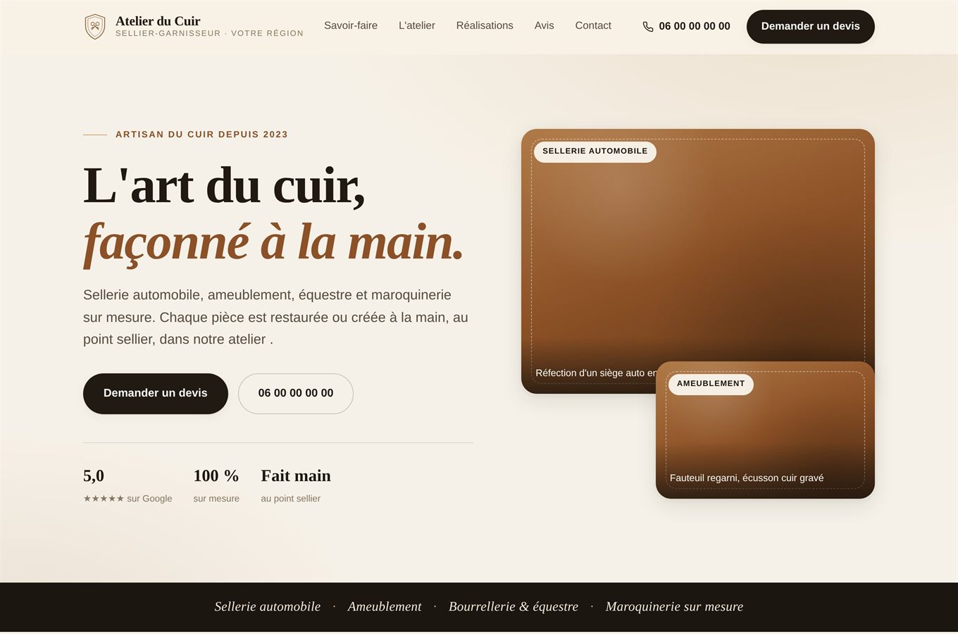 Site vitrine sur-mesure pour un atelier d'artisan du cuir — réalisation d'Alexandre Labsi, développeur web freelance